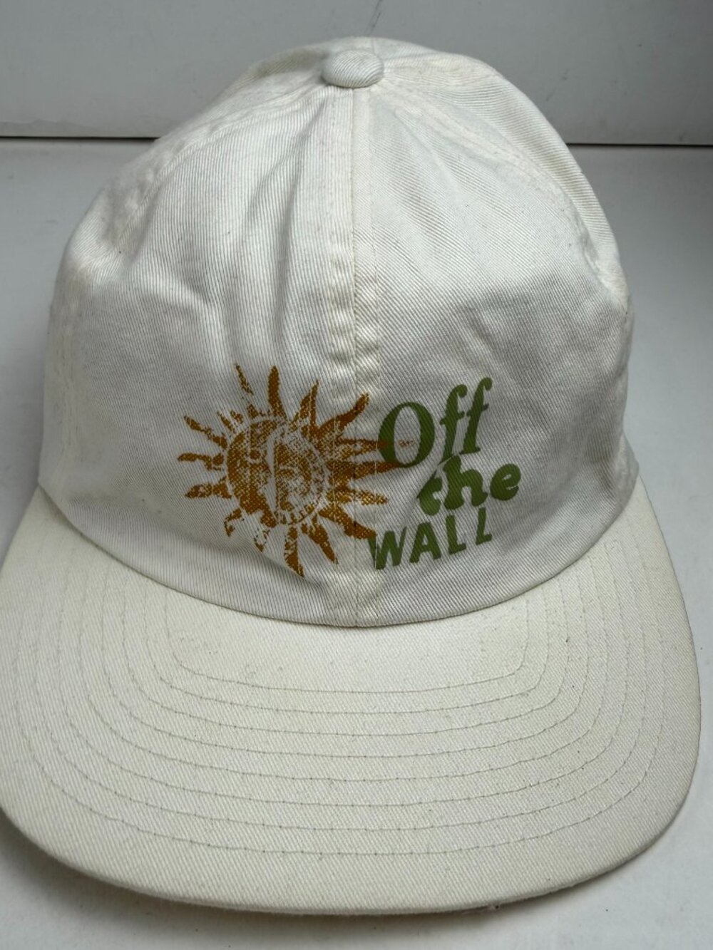 Vans Off The Wall Sun Face Dad Hat Cream White Webbing Strapback As-Is Stain